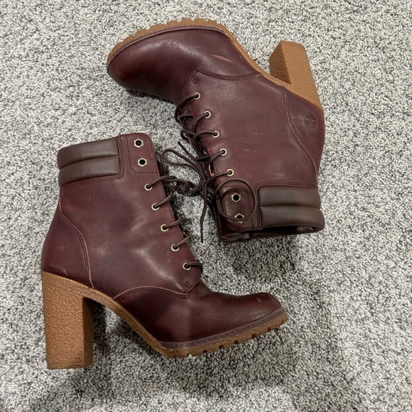Timberland Tillston Full Grain Burgundy Block Heel Ankle Combat Boots US 7.5 - Picture 7 of 11